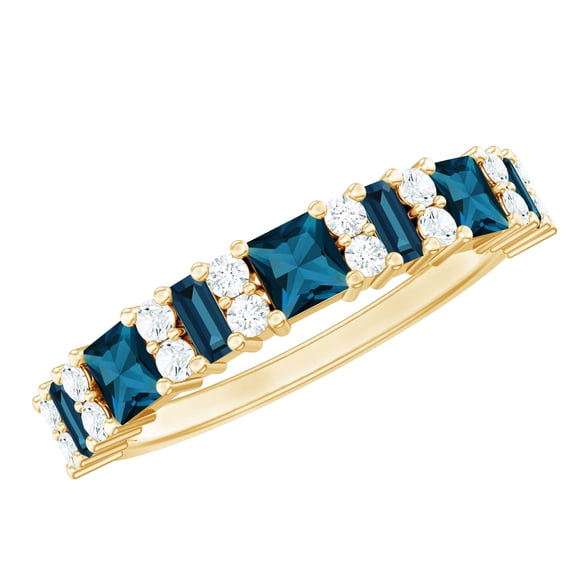 Rosec Jewels London Blue Topaz Eternity Ring with Moissanite - Half Eternity Band Ring - Ready to Gift for Mom, 18K Yellow Gold, US 4.50