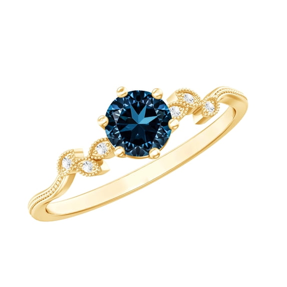 Rosec Jewels London Blue Topaz Promise Ring with Diamond, Beaded Leaf Ring - AAA Quality, 10K Yellow Gold, US 11.50
