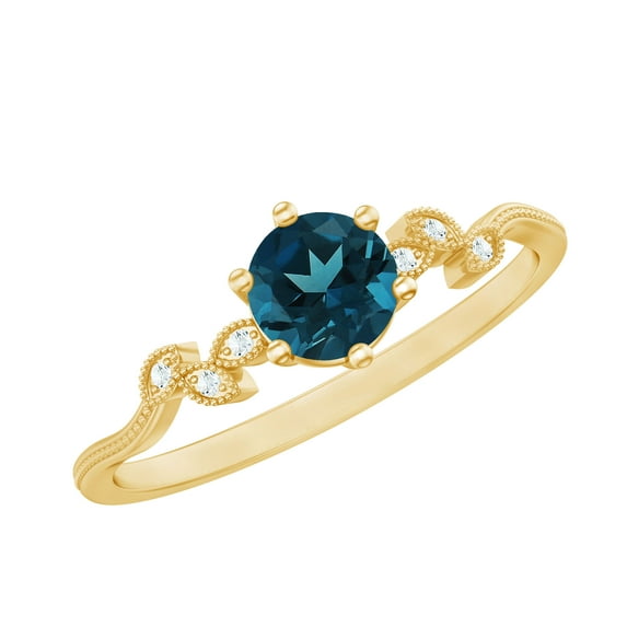 Rosec Jewels London Blue Topaz Promise Ring with Diamond, Beaded Leaf Ring - AAA Quality, 10K Yellow Gold, US 12.00