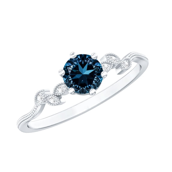 Rosec Jewels London Blue Topaz Promise Ring with Diamond, Beaded Leaf Ring - AAA Quality, 925 Sterling Silver, US 4.00