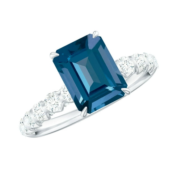 Rosec Jewels London Blue Topaz Solitaire Ring with Diamond Side Stones for Women - 6X8 mm, 10K White Gold, US 6.50