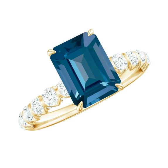 Rosec Jewels London Blue Topaz Solitaire Ring with Diamond Side Stones for Women - 6X8 mm, 10K Yellow Gold, US 7.50