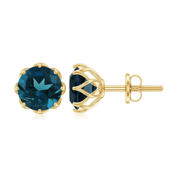 Rosec Jewels London Blue Topaz Solitaire Stud Earrings for Women - 7 mm - AAA Grade, 14K Yellow Gold