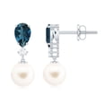 thumbnail image 1 of Rosec Jewels London Blue Topaz and Freshwater Pearl Drop Earrings with Moissanite - AAA Grade, 18K White Gold, 1 of 8