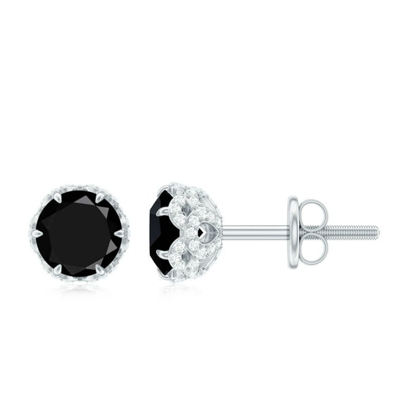 Rosec Jewels Lotus Basket Set Black Spinel Solitaire Stud Earrings with Diamond Accent, 925 Sterling Silver