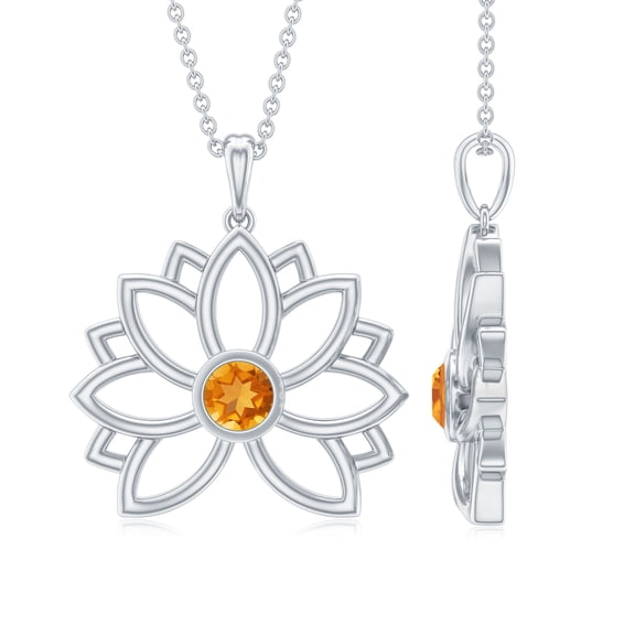 Rosec Jewels Lotus Flower Pendant with Bezel Set Citrine Solitaire, 925 Sterling Silver
