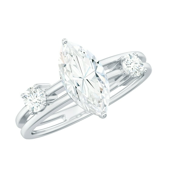 Rosec Jewels Moissanite Marquise Engagement Ring 1 Ct - Double Band Ring for Women - 5X10 mm - D-VS1 Quality, 10K White Gold, US 12.50