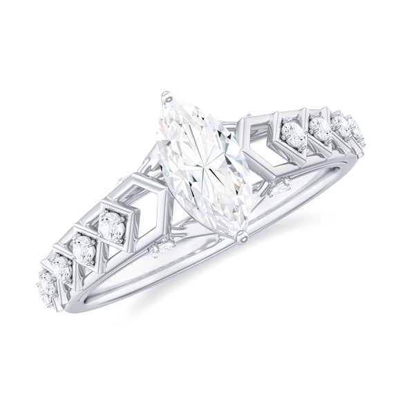 Rosec Jewels Moissanite Solitaire Engagement Ring for Women - Art Deco Ring - 4X8 mm Marquise Ring - D-VS1 Quality, 14K White Gold, US 9.50