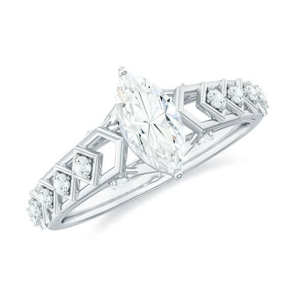 Rosec Jewels Moissanite Solitaire Engagement Ring for Women - Art Deco Ring - 4X8 mm Marquise Ring - D-VS1 Quality, 18K White Gold, US 7.00