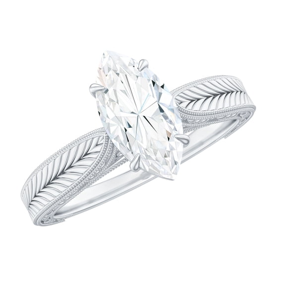 Rosec Jewels Moissanite Marquise Engagement Ring 1 Ct - 5X10 mm - Vintage Style Ring - D-VS1 Quality, 10K White Gold, US 3.00