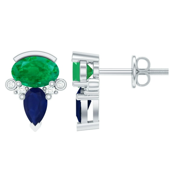 Rosec Jewels Minimal Cluster Stud Earrings for Women, Emerald and Blue Sapphire Earrings with Diamond (AAA Quality), 925 Sterling Silver