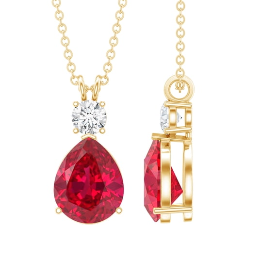 Rosec Jewels Lab Grown Ruby Drop Pendant (2.9 Carat, 7X10 mm Pear Shape, AAAA Grade) - Certified Ruby Diamond Necklace, 10K Yellow Gold