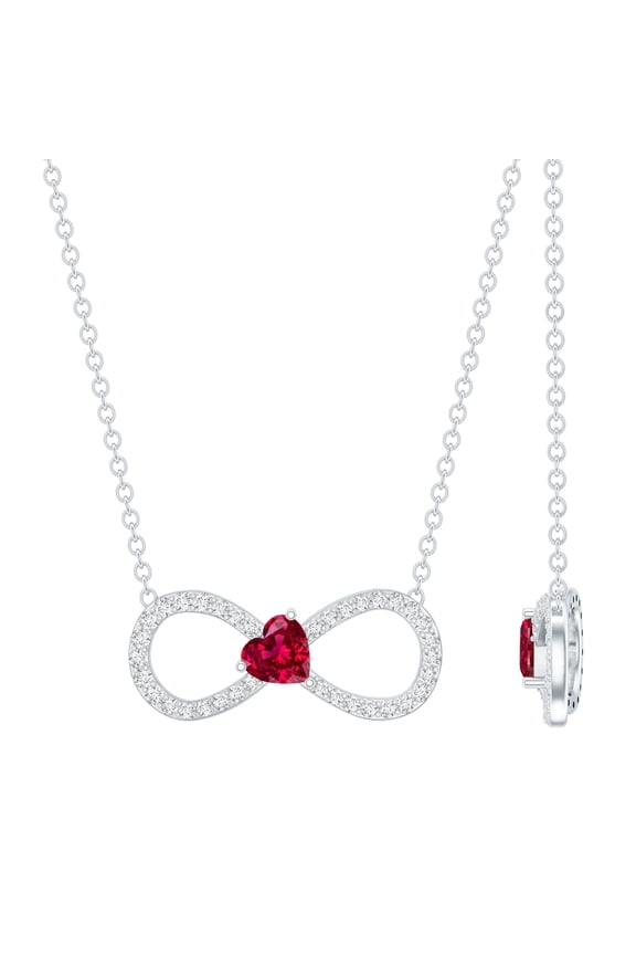 Moissanite Infinity Necklace with Lab Ruby Heart - Minimalist Necklace - Ready to Gift for Valentines Day, 925 Sterling Silver