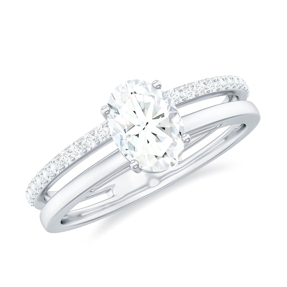 Rosec Jewels Moissanite Oval Engagement Ring 1 Carat - Double Band Ring - 5X7 mm - D-VS1 Grade Certified, 925 Sterling Silver, US 4.00