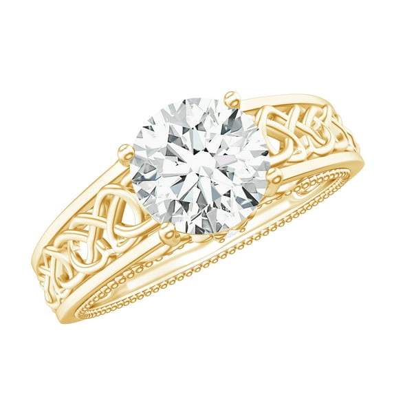 Rosec Jewels Solitaire Moissanite Round Engagement Ring 1 Carat - Celtic Knot Ring - 7 mm - D-VS1 Quality Certified, 18K Yellow Gold, US 4.00