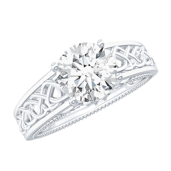 Rosec Jewels Solitaire Moissanite Round Engagement Ring 1 Carat - Celtic Knot Ring - 7 mm - D-VS1 Quality Certified, 925 Sterling Silver, US 4.00