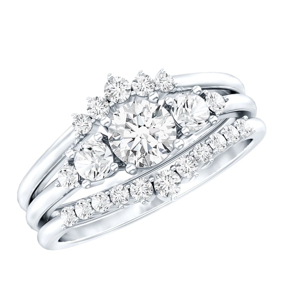 Rosec Jewels Moissanite Wedding Ring Set of 3 for Bride - D-VS1 Quality Certified, with Jewelry Box, 10K White Gold, US 7.50