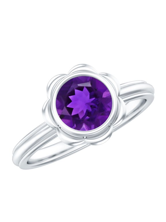 Natural Amethyst Solitaire Engagement Ring (1 Ct, AAA Quality) - Flower Ring for Women - with Jewelry Box, 925 Sterling Silver, US 4.00