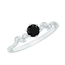 Natural Black Diamond Promise Ring with Diamond, Beaded Leaf Ring - 0.75 CT, 925 Sterling Silver, US 4.00