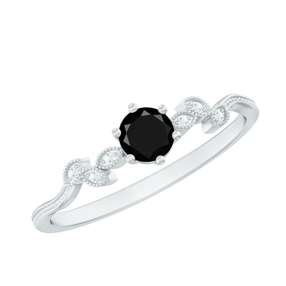 Natural Black Diamond Promise Ring with Diamond, Beaded Leaf Ring - 0.75 CT, 925 Sterling Silver, US 4.00