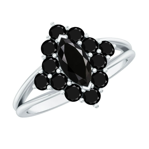 Rosec Jewels Natural Black Onyx Cluster Engagement Ring - Marquise Onyx Ring - AAA Quality - with Jewelry Box, 925 Sterling Silver, US 4.00
