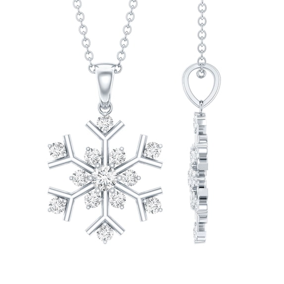 Rosec Jewels Natural Diamond Snowflake Necklace with Chain - HI-SI Quality - Christmas Gift for Women, 18K White Gold