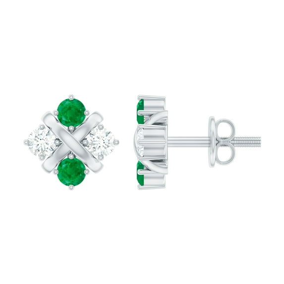 Rosec Jewels Lab Created Diamond and Emerald Cluster Earrings Studs with Screw Back - Ready to Gift, 18K White Gold