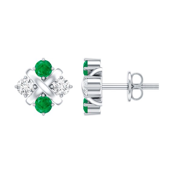 Rosec Jewels Lab Created Diamond and Emerald Cluster Earrings Studs with Screw Back - Ready to Gift, 18K White Gold