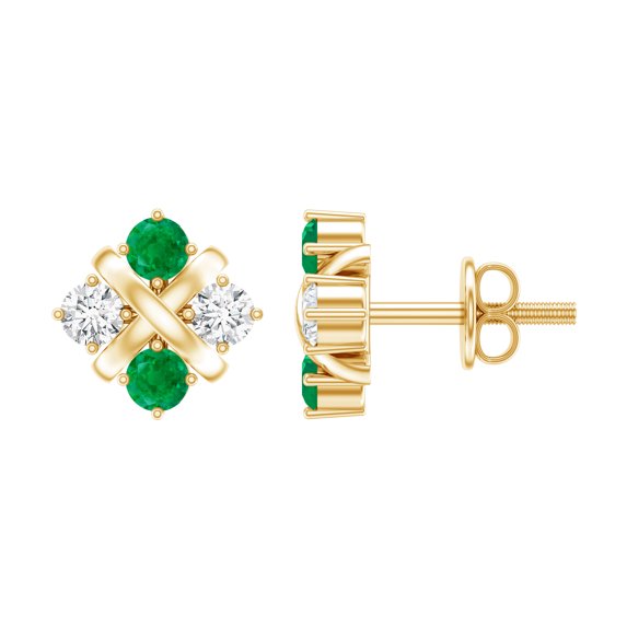 Rosec Jewels Lab Created Diamond and Emerald Cluster Earrings Studs with Screw Back - Ready to Gift, 18K Yellow Gold