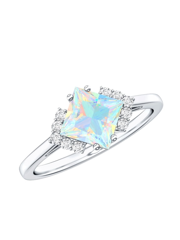 Natural Ethiopian Opal Engagement Ring for Women - Princess Cut Opal Diamond Ring - AAA Quality - with Jewelry Box, 925 Sterling Silver, US 4.00