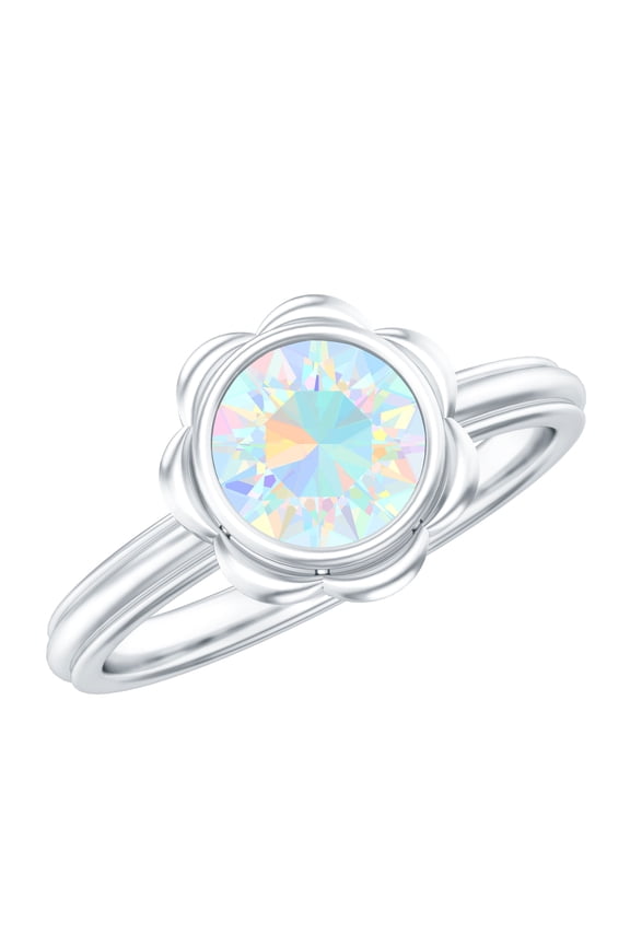 Natural Ethiopian Opal Flower Engagement Ring (1.6 Ct, AAA Quality) - Opal Solitaire Ring - with Jewelry Box, 925 Sterling Silver, US 4.00