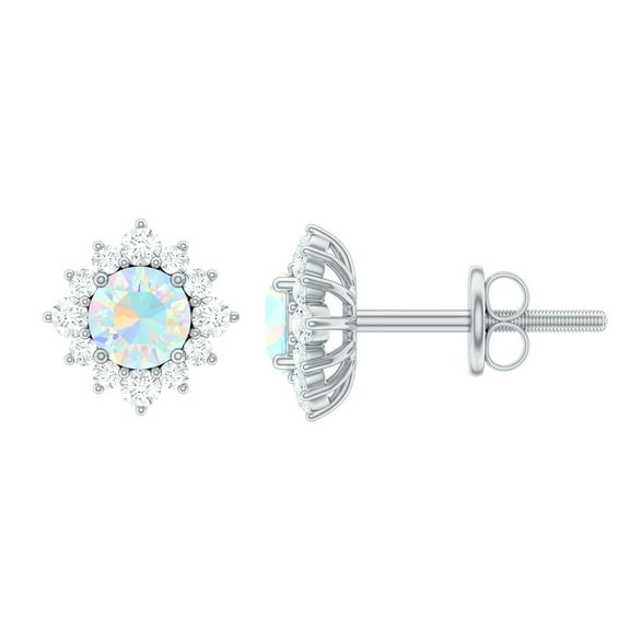 Rosec Jewels Natural Ethiopian Opal Stud Earrings with Diamond Halo for Women - AAA Grade, 925 Sterling Silver