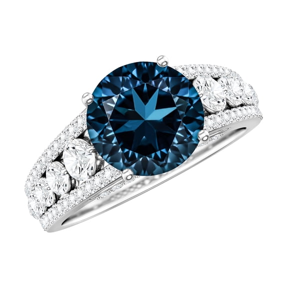 Rosec Jewels Natural London Blue Topaz Engagement Ring with Side Stones - 2 Carat - AAA Quality - Jewelry Box Included, 10K White Gold, US 7.50