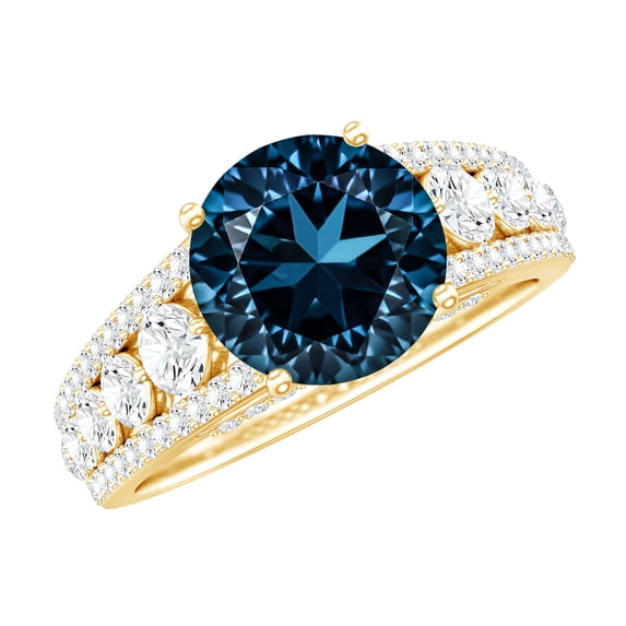 Rosec Jewels Natural London Blue Topaz Engagement Ring with Side Stones - 2 Carat - AAA Quality - Jewelry Box Included, 10K Yellow Gold, US 11.00