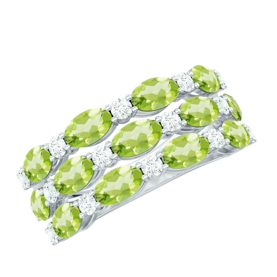 Rosec Jewels Natural Peridot Wedding Band for Women - Oval Peridot 3 Row Wide Band Ring - AAA Quality - With Jewelry Box, 10K White Gold, US 5.00