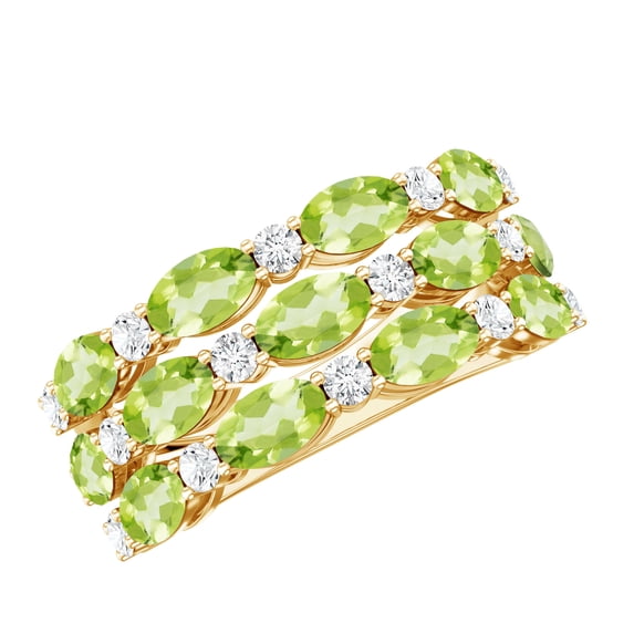 Rosec Jewels Peridot Diamond Wedding Band for Women - Oval Peridot 3 Row Wide Band Ring - AAA Quality - with Jewelry Box, 10K Yellow Gold, US 10.50