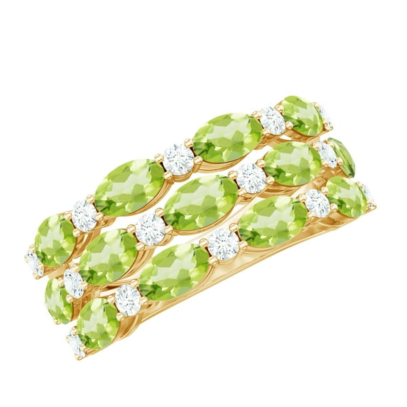 Rosec Jewels Natural Peridot Wedding Band for Women - Oval Peridot 3 Row Wide Band Ring - AAA Quality - With Jewelry Box, 14K Yellow Gold, US 5.50