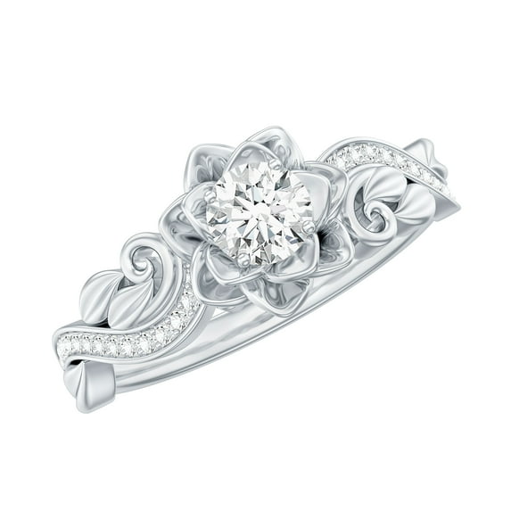 Rosec Jewels Nature Inspired Floral Engagement Ring with Moissanite (D-VS1 Quality), 18K White Gold, US 11.00