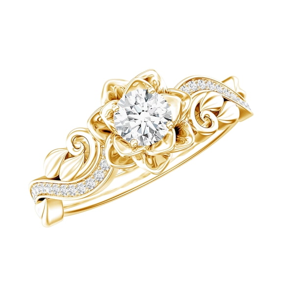 Rosec Jewels - Flower Moissanite Engagement Ring for Women - D-VS1 Quality Certified - Nature Inspired Ring with Jewelry Box, 18K Yellow Gold, US 3.50