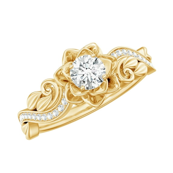 Rosec Jewels Nature Inspired Floral Engagement Ring with Moissanite (D-VS1 Quality), 18K Yellow Gold, US 3.50