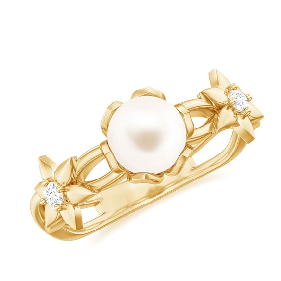 Nature Inspired Floral Ring - Freshwater Pearl Solitaire Ring with Diamond - 2 Carat - AAA Quality, 10K Yellow Gold, US 12.00