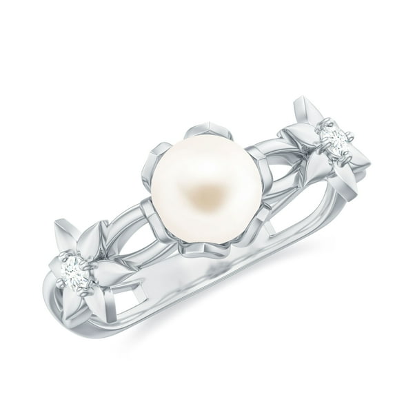 Rosec Jewels Nature Inspired Floral Ring - Freshwater Pearl Solitaire Ring with Diamond - 6 MM, 14K White Gold, US 3.50
