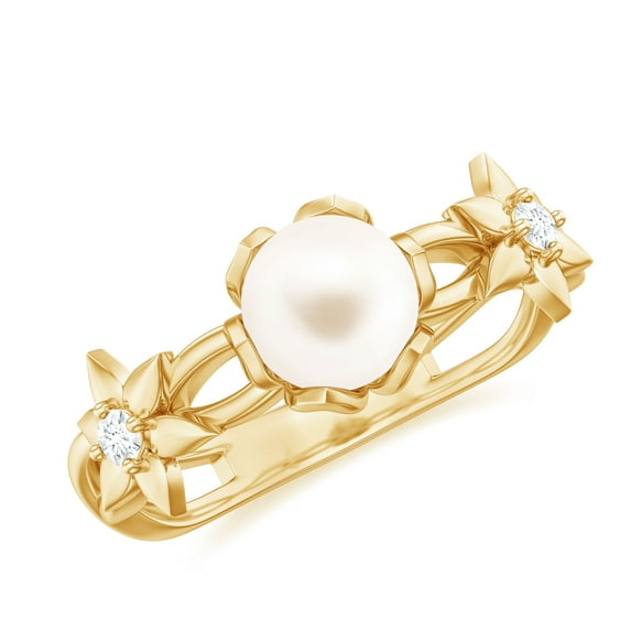 Rosec Jewels Nature Inspired Floral Ring - Freshwater Pearl Solitaire Ring with Diamond - 6 MM, 18K Yellow Gold, US 4.00