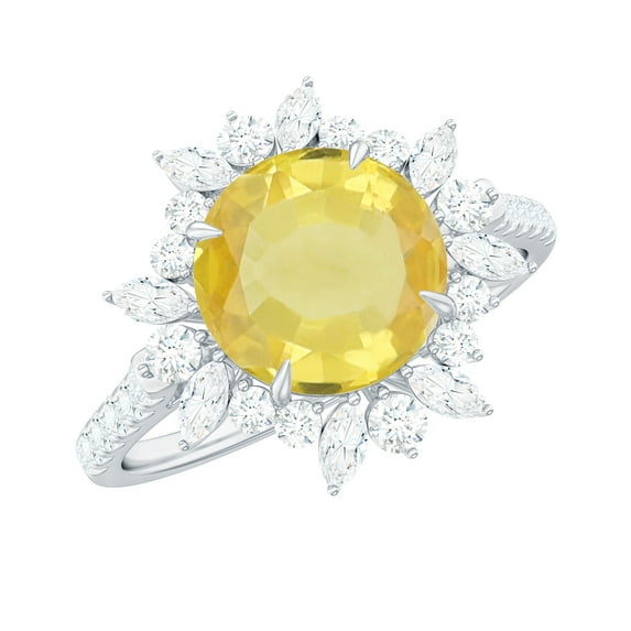 Rosec Jewels Nature Inspired Flower Ring - Created Yellow Sapphire Cocktail Ring with Moissanite, 925 Sterling Silver, US 4.00