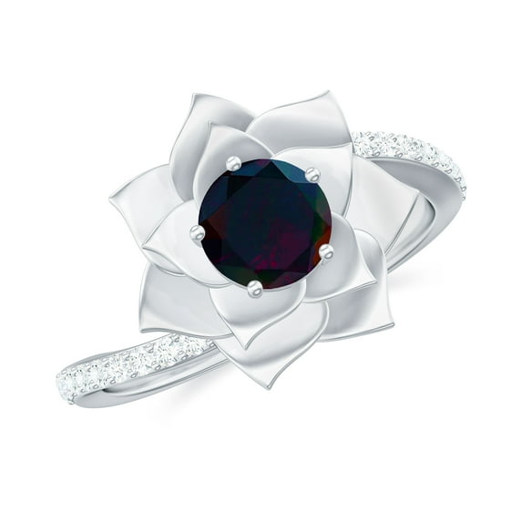 Rosec Jewels Black Opal Flower Engagement Ring - Real Black Opal Diamond Ring - AAA Quality Certified - With Jewelry Box, 14K White Gold, US 10.50