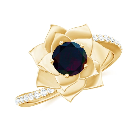 Rosec Jewels Black Opal Flower Engagement Ring - Real Black Opal Diamond Ring - AAA Quality Certified - With Jewelry Box, 18K Yellow Gold, US 10.50