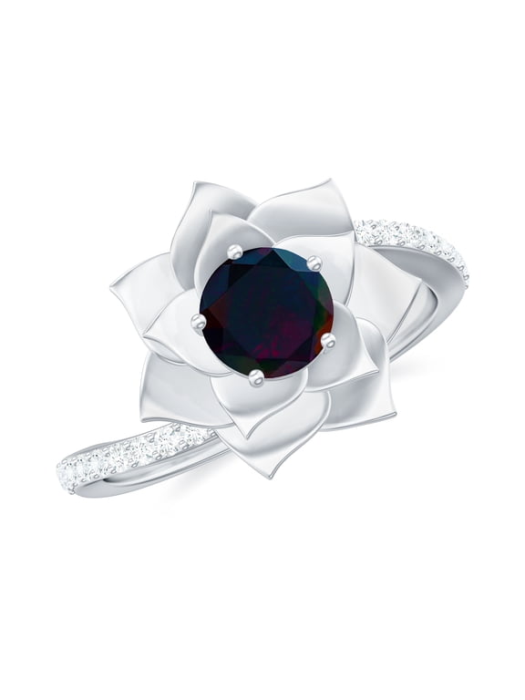 Black Opal Flower Engagement Ring - Real Black Opal Diamond Ring - AAA Quality Certified - With Jewelry Box, 925 Sterling Silver, US 4.00