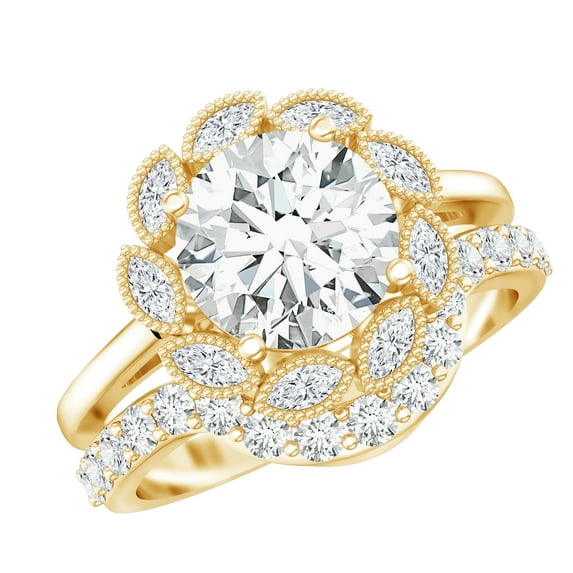 Rosec Jewels Nature Inspired Lab Grown Diamond Wedding Bridal Ring Set - Flower Engagement Ring with Enhancer - EF-VS Quality, 14K Yellow Gold, US 4.50