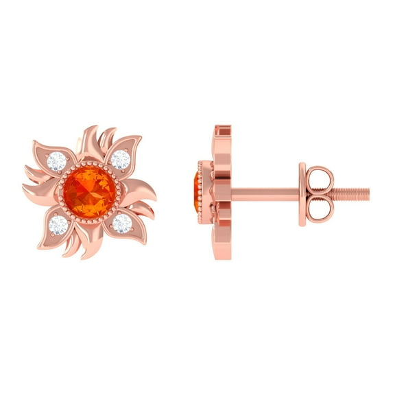 Rosec Jewels Orange Sapphire Stud Earrings with Diamond, Sunburst Earrings For Women, 10K Rose Gold