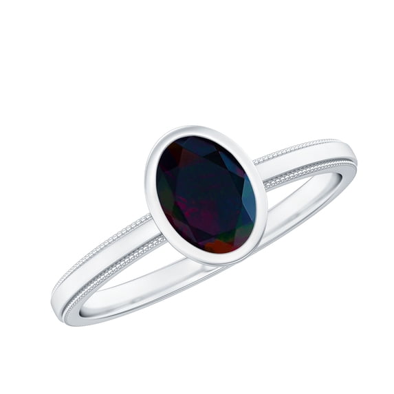 Rosec Jewels Black Opal Oval Engagement Ring for Women - Bezel Set Opal Solitaire Ring (5X7 mm, AAA Grade, October Birthstone), 10K White Gold, US 8.50